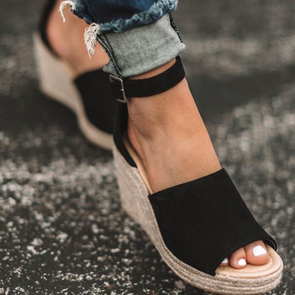 The Joy Faux Suede ankle buckle Wedge in Black - Picture 3 of 5
